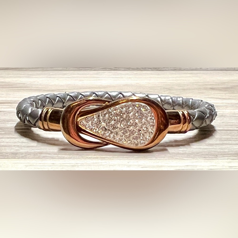 Silver Colored Leather Pave Crystal Cobra Wrap Gray Leather Bracelet, Magnetic